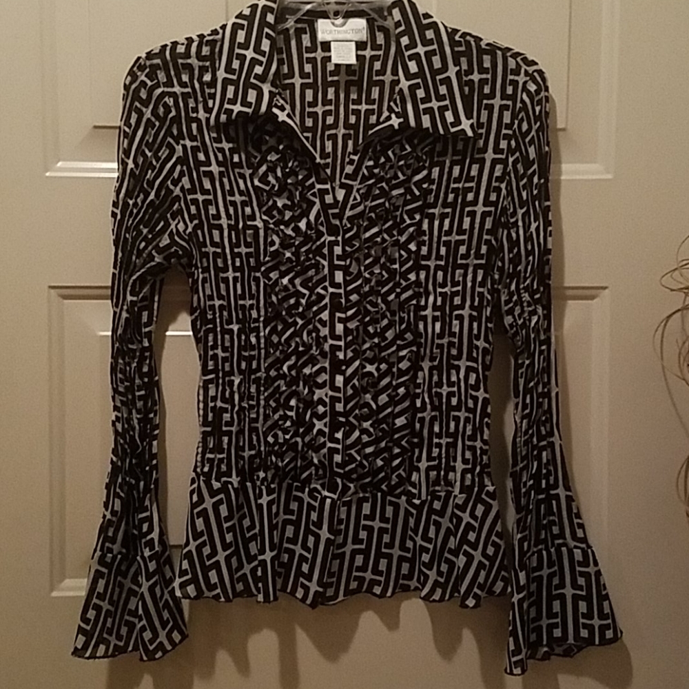 Ladies Greek Key Ruffle Front Blouse